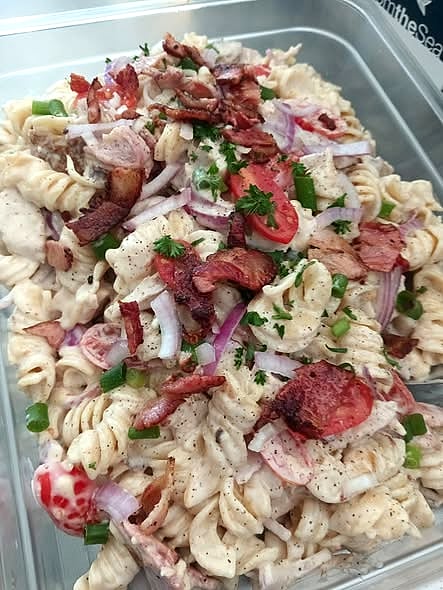 Creamy bacon pasta salad made fresh in-house at Athelstone Take Away
